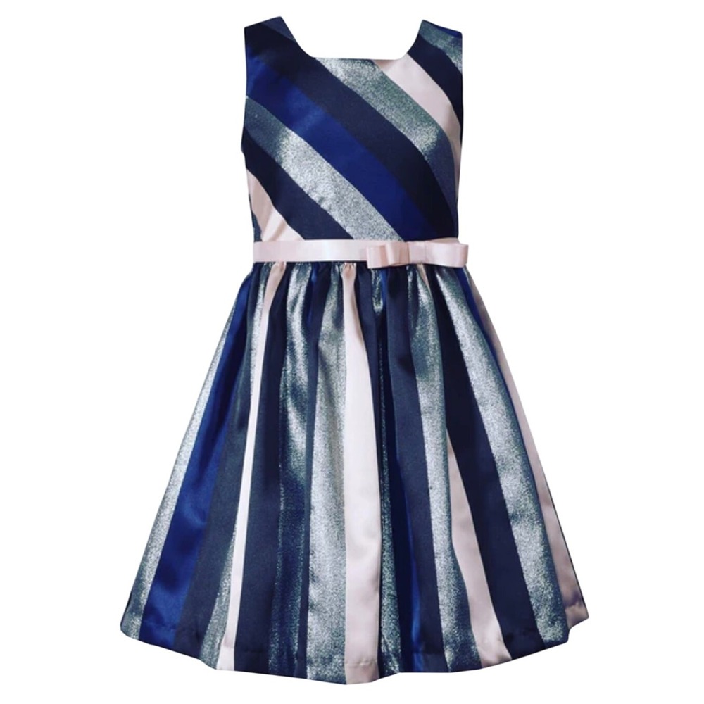 Bonnie Jean Pink, Navy, Black & Silver Striped Sleeveless Party Dress, Size 12